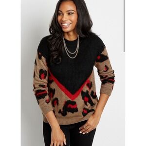 Maurices Women's Black Leopard Print V Neck Long Sleeve Sweater XL